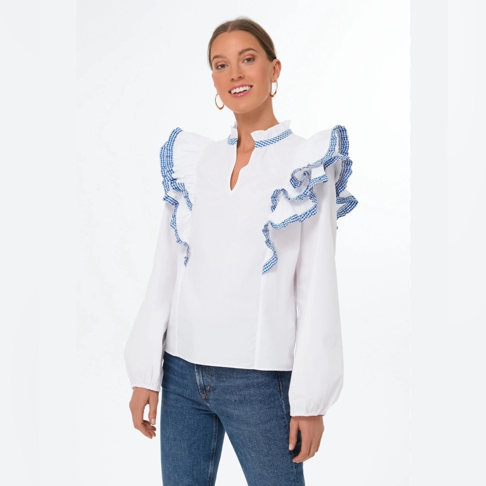 Tuckernuck Hyacinth House Blue Gingham Holly Blouse, Small NWT